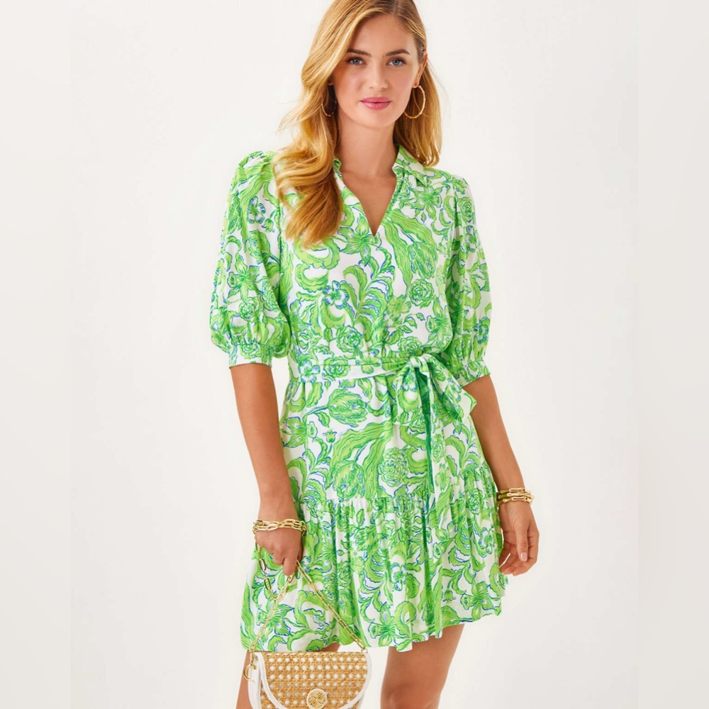Lilly Pulitzer Green Floral Mini Dress Size 12 Boho Resort Tie Waist